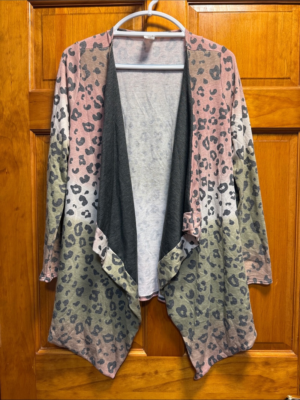 Open-Front Leopard Print Cardigan Sweater in Pink and Olive